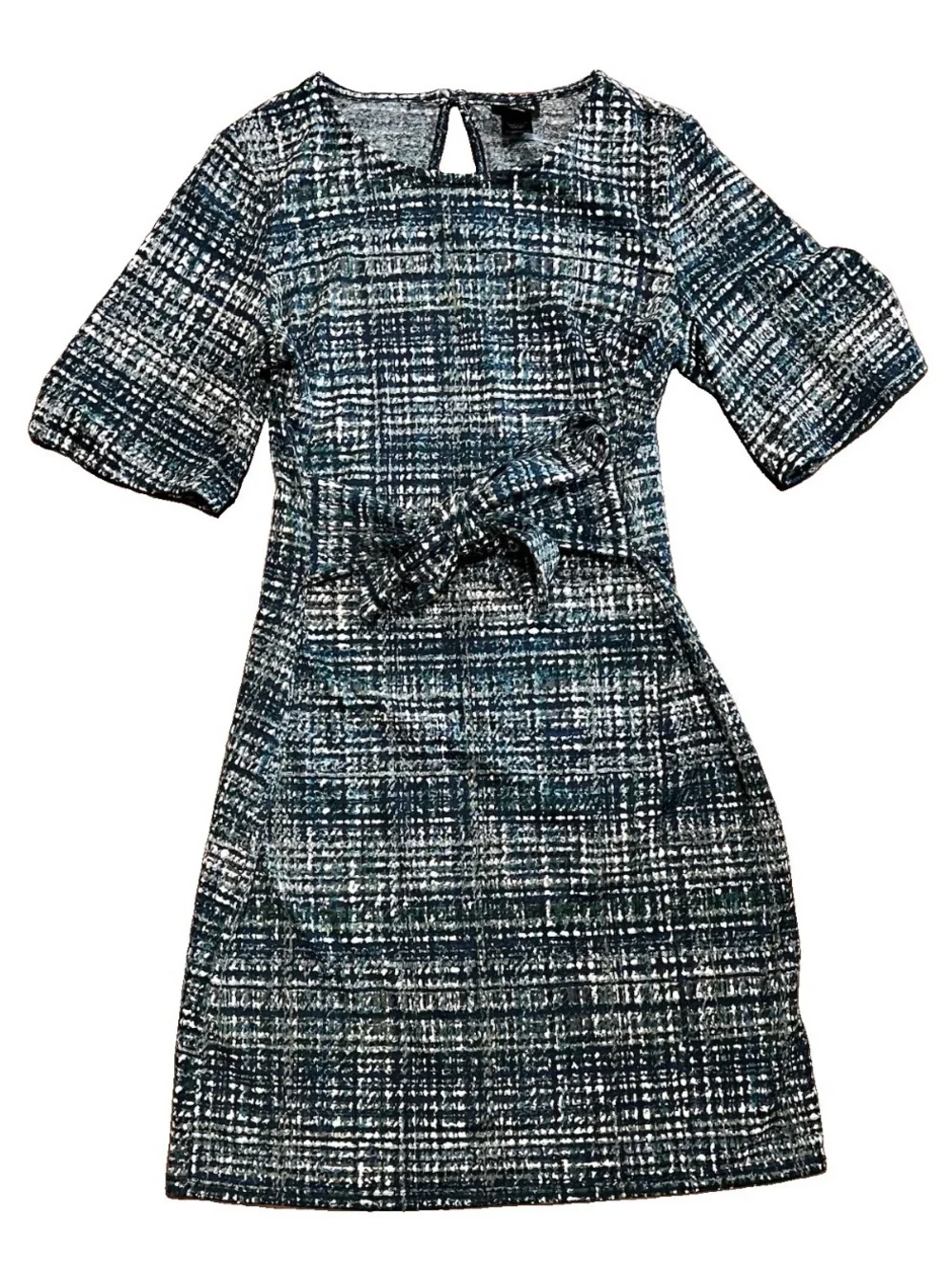 EnFocus Studio Gray, Navy, White Textured Knit Stretch Sheath Dress Tie Front